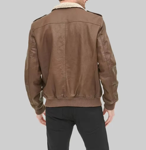 Brown Genuine <b>Leather</b> Men's Zip-Up Bomber <b>Jacket</b> Solid <b>Winter</b> Stand Collar Front Logo Casual Outerwear for Daily Wear - Product Image 2
