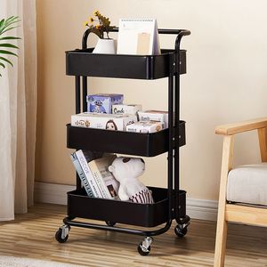 Carrello portaoggetti a 3 livelli per cucina domestica, con maniglia, nero, in metallo e plastica YS, per attrezzi, pentole, bevande, alimenti, borse, camera da letto - Product Image 2