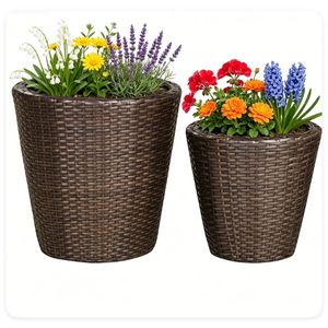Set di 2 fioriere in rattan PP, 15x12 cm, con vasi interni integrati e fori di drenaggio, per interni/esterni, in ferro - Product Image 5