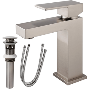 Rubinetto Monocomando Moderno per Lavabo Bagno in Ottone Massiccio, Robusto, con Foro Singolo a V, Finitura Nichel Spazzolato - Product Image 1