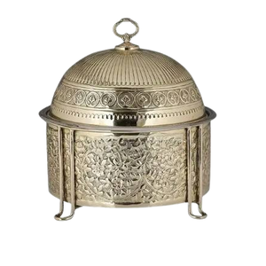 Metallic Serving Dish With Dome Lid Engraved Floral Geometric Patterns Four Curved Legs Gold Color Food Serving Dish - Product Image 1