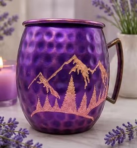 Mug Moscow Mule en cuivre violet personnalisé, peint à la main, écologique, de qualité supérieure, avec motif floral en relief, en métal massif, style chope à bière de luxe - Product Image 3