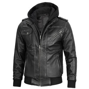 Blouson en cuir de vachette noir OEM 2026 pour homme, avec capuche, col, poches zippées, imperméable, haute qualité, faible MOQ, mode hiver, logo frontal - Product Image 5