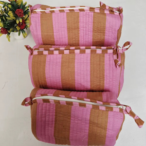 Sacs à maquillage en coton durable à rayures vertes et motifs floraux imprimés, pochettes indiennes, trousse de toilette de voyage, organiseur de cosmétiques - Product Image 1