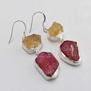 ต่างหูพลอยซิทรินรูบี้ดิบทำมือ เงินแท้ 925 เครื่องประดับพลอยธรรมชาติ - Product Image 1