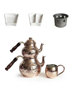 Juego de Desayuno Redondo de Cobre con Diseño Floral Audaz, Estilo Zen Asiático, Tallado a Mano, con Tetera, Quemador, Mini Platos y Hervidor de Té para Estufa - Product Image 5