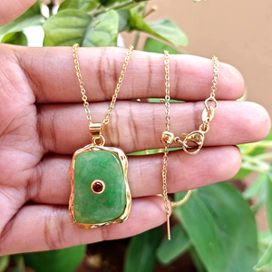 Modern <b>statement</b> jewelry green jade with tiny red cz pendant <b>necklace</b> texture metal collet frame 18k gold plated chain <b>necklace</b> - Product Image 5