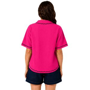 Blusa de algodón rosa intenso bordada para mujer, de manga corta, con botones, informal, de verano, con cuello y ribete negro, tops de moda OEM - Product Image 2