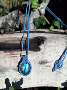 Handmade Macrame Pendant <b>Necklace</b> With Natural Oval Stone Bezel Setting <b>Blue</b> Thread Bohemia Style Unisex Jewelry - Product Image 2