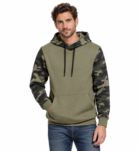 Winter Printed Sleeve Hooded Sweatshirt for <b>Men</b> Contrast Body Front Pouch Pocket Adjustable Hood Ties 100% Cotton <b>Fleece</b> Ribbed - Product Image 1