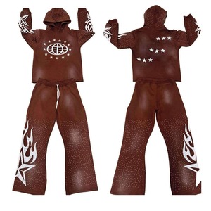 Custom Designer Rhinestone Winter Fleece Tracksuit for Men High Quality Vintage Distressed Patch Cotton Zip-Up Hoodie Sweatpants - Product Image 4