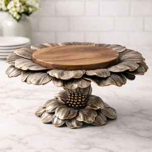 Support à gâteau de luxe avec design floral et plateau en bois, présentoir décoratif pour desserts, piédestal pour mariage - Product Image 1