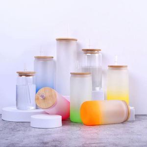 Vaso de Vidrio Transparente Esmerilado Personalizado con Logotipo por Sublimación, 12 oz, 16 oz, 20 oz, con Tapa de Bambú y Pajita - Product Image 1