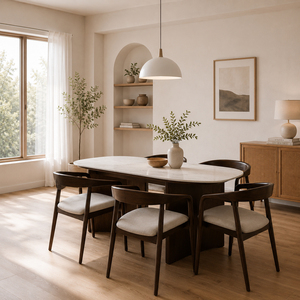 Modern Oval Marble <b>Top</b> <b>Wooden</b> Dining <b>Table</b> Set with 6 Chairs Midcentury Design for Home Dining Room Furniture - Product Image 2