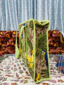 Green Handmade Quilted Cotton <b>Boho</b> Style Drawstring Closure Large Tote <b>Bag</b> Women Tropical Parrot Printed Shopping <b>Bag</b> for Retail - Product Image 3