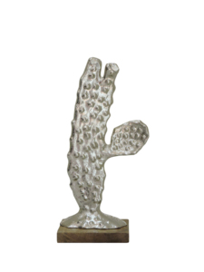 Sculpture moderne de cactus en aluminium argenté sur socle en bois - Décoration contemporaine du désert - Product Image 2