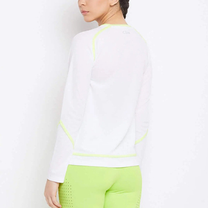 Women <b>Long</b> <b>Sleeve</b> Crew Neck <b>T</b>-<b>Shirt</b> <b>White</b> With Neon Green Trim Sporty Quick Dry Knitted Polyester Regular Fit Spring Summer - Product Image 3