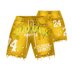 Shorts en jean streetwear pour homme de qualité supérieure avec logo personnalisé, imprimé graphique vintage déchiré, coupe ample en denim, décontracté pour l'été - Product Image 4