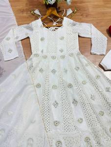 <b>White</b> Cotton Anarkali <b>Suit</b> With Dupatta Traditional Indian Pakistani <b>Women</b> Floor Length <b>Wedding</b> Wear Stretchable Regular Fit - Product Image 1
