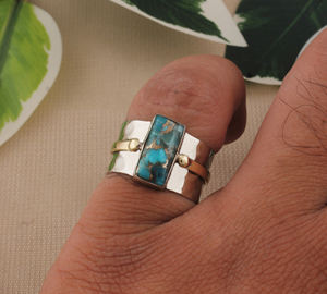 Natural Blue Copper Turquoise Bezel Set Classic Certified Wedding Band <b>Ring</b> 925 Sterling <b>Silver</b> Handcrafted Women <b>Men</b> Boho - Product Image 5
