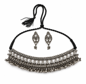 Vintage Gold Oxidized Silver Boho Statement Choker Set Moissanite Bell Tassel Dangle Handcrafted Earrings for Wedding Engagement - Product Image 2