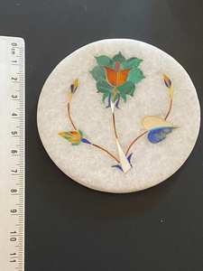 High Demand Marble Inlaid Flower Stone Coaster Set <b>Round</b> Big Slab Waterproof Design For Luxury Coffee Table Use - Product Image 4