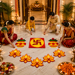 Ensemble de tapis Rangoli traditionnels en laine et plumes, faits main par des artisans, lavables et personnalisables pour Diwali, Pooja, entrée de maison, occasions festives - Product Image 2