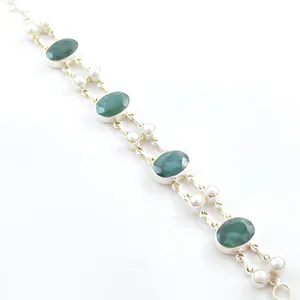 Pulsera india hecha a mano de plata de ley 925 con perla de agua dulce y cuarzo verde para mujer, regalo de joyería. - Product Image 3