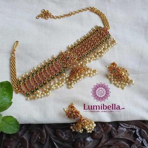 Kemp Gold Plated Pearl Crystal High Neck Choker Necklace for Wedding - Product Image 1