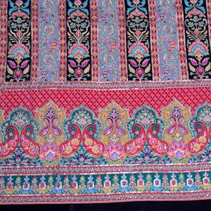 ผ้าพิมพ์ลายดอกไม้สีดำพร้อมลายเส้นและขอบตกแต่ง สำหรับตัดเย็บชุดคุर्ติ ผ้าสำหรับชุดพื้นเมือง - Product Image 5