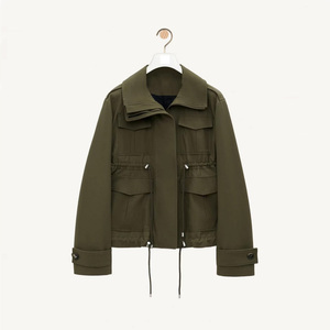 Women's Olive Green Utility Safari <b>Jacket</b> Stand Collar Full Sleeve Zipper Closure Patch Pockets Windproof Autumn Wear - Product Image 5