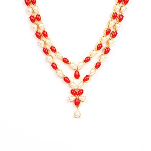 RAY FINE ORNATES Vintage Style Gold Plated Brass <b>Ruby</b> Pink <b>Necklace</b> Set Handmade Layered <b>Necklace</b> Earrings Bridal Jewelry - Product Image 2