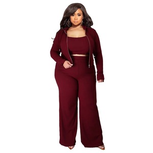 Autumn Women's Casual Tracksuit Plus Size L-5XL Solid Ribbed Long Sleeve <b>Zip</b> <b>Hooded</b> Crop Jacket Wide Leg Joggers Pants 2 Piece - Product Image 4