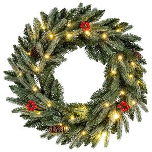 Ghirlanda Natalizia Verde Pre-Illuminata da 60 cm con 20 LED Bianchi Caldi, Pigne e Bacche Rosse, Moderna Ghirlanda in PVC per Interni/Esterni - Product Image 1