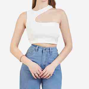 Wholesale Custom Made Women's Asymmetric Halter <b>One</b> Shoulder Cut-Out Knitted Crop <b>Top</b> Solid White Breathable Women Crop Tank <b>Top</b> - Product Image 1