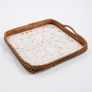 Plateau de service en nacre et rotin, idéal pour la restauration, les bureaux, les restaurants, les hôtels et comme plateau de rangement de table. - Product Image 2