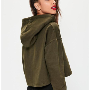 Women Olive <b>Green</b> <b>Cropped</b> Hoodie Pullover Long Sleeve Hooded Sweatshirt Solid Color Knitted Cotton Casual <b>Top</b> Autumn Wear - Product Image 2