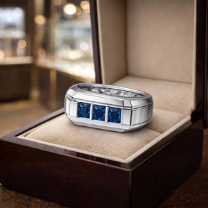 Anillo de Boda, Compromiso o Aniversario para Hombre, Clásico, con Tres Piedras de Moissanita, Plata de Ley 925 - Product Image 5