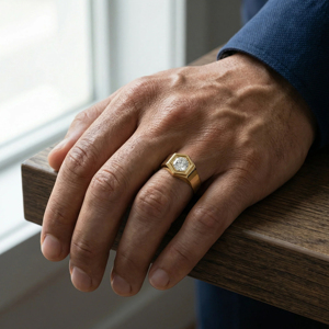 Bague signet hexagonale en or jaune avec alliance de fiançailles unisexe sertie d'un diamant taille brillant rond - Product Image 3