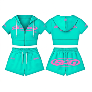 Women's <b>Black</b> Pink Logo Hooded Crop Top Shorts Set Casual Street Wear High Waist <b>Long</b> <b>Sleeves</b> Winter Breathable Knitted - Product Image 4
