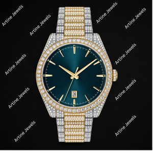 Montre de luxe à cadran vert sertie de diamants avec bracelet doré incrusté de diamants, style élégant et distinctif - Product Image 3