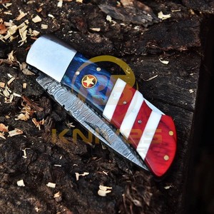 Cuchillo Plegable Premium OEM de Acero de Damasco con Hoja de Punta Caída y Mango con Bandera Americana, Cuchillo de Camping con Funda de Cuero - Product Image 5
