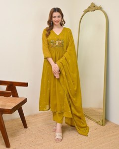 Conjunto de Kurta Anarkali Bordada en Viscosa para Mujer, con Pantalón y Dupatta, Elástico, Ropa Étnica para Fiesta - Product Image 1