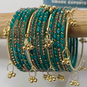 Luxury Teal Green <b>Glass</b> <b>Bangles</b> Set with Crystal Stone Work and Gold Ghungroo Handmade Bridal Jewelry - Product Image 1