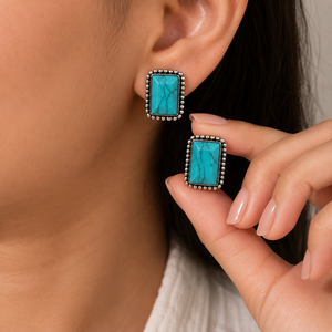 Wholesale Supplier Handmade Antique Silver-Plated Vintage Turquoise Stone Bezel Setting <b>Stud</b> <b>Earrings</b> for Women Jewelry - Product Image 2