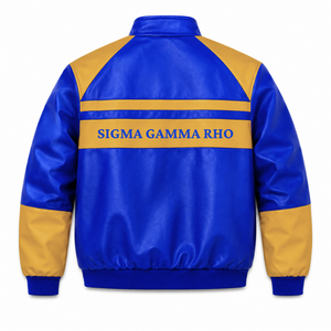เสื้อแจ็คเก็ตหนังสีน้ำเงินและสีทองปักโลโก้ Sigma Gamma Rho Sorority แบบลำลองสำหรับผู้หญิงบุด้วยโพลีเอสเตอร์ - Product Image 3