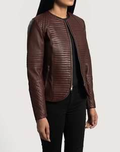 Veste de moto en cuir véritable pour femme, nouveau design, col rond, manches longues, design matelassé, fermeture éclair, style automne - Product Image 4