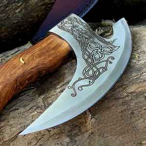 Couteau à pizza hache Viking haut de gamme, forgé à la main, qualité industrielle, manche en bois, style hache, vente chaude en gros - Product Image 3