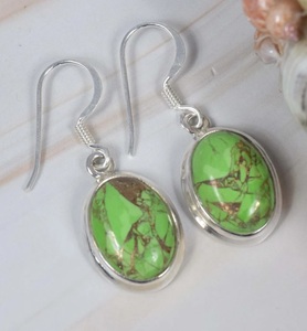 Pendientes Colgantes Hechos a Mano de Plata de Ley 925 con Turquesa Verde Cobre, Joyería de Piedras Preciosas Ovaladas para Mujer - Product Image 2