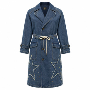 Gabardina de Mezclilla con Lavado Vintage para Hombre y Mujer, Chaqueta Oversize con Estrella de Pedrería y Cinturón de Cuerda Personalizado - Product Image 2